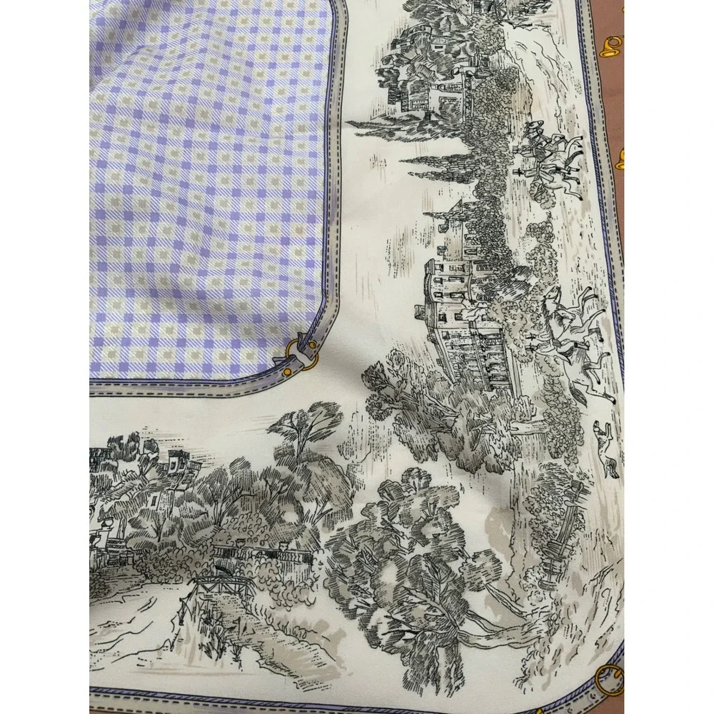 Leonardi Vintage Equestrian Toile Square Scarf Brown Lavender Manor House Horns